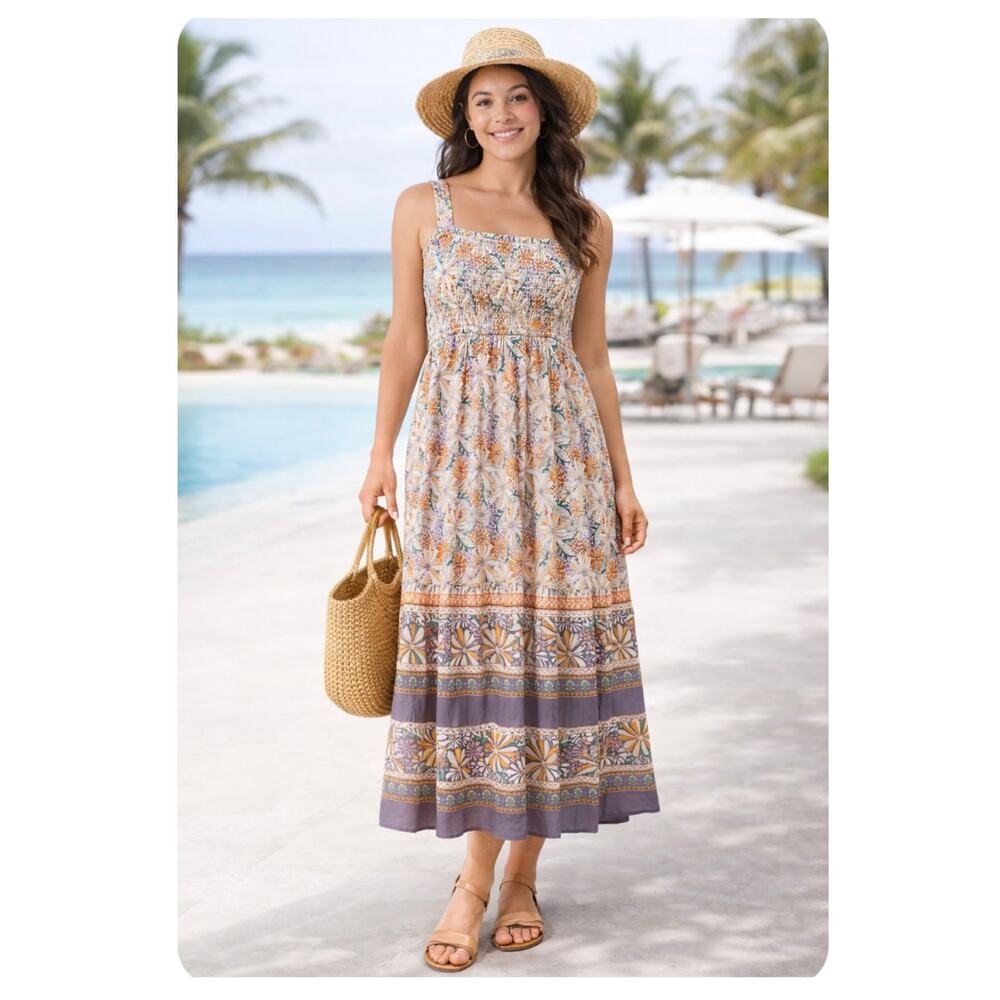 BE COOL Boho Smocked Maxi Dress Mod Retro Flower Mixed Border Print Size M NWOT